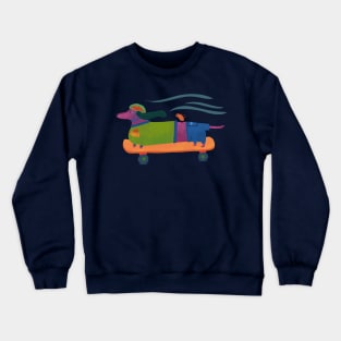 Hot Dog - Wiener Dachshund riding a skateboard with bird Crewneck Sweatshirt